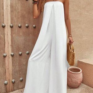 VCAY Solid Tie Back Tube Wide Leg Jumpsuit